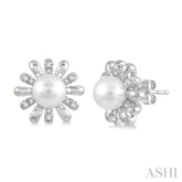 6 MM Round Shape Floral Cultured Pearls and 1/6 ctw Round Cut Diamond Earring in 10K White Gold